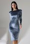Gray Sleeve Detail Midi Length Velvet Fabric Dress - 4