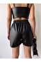 Girdle Detailed Elastic Waist Leather Woven Shorts Misssr24621 - 4