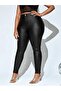Women's Plus Size Black, Back Pocket, Disco Leather Covered, High Waist Skinny Pants 65N38799 - 5