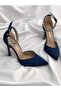 Navy Blue Satin Heeled Stone Stiletto Evening Dress Shoes Heel Height 9 cm - 5