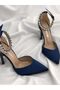 Navy Blue Satin Heeled Stone Stiletto Evening Dress Shoes Heel Height 9 cm - 4