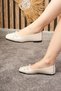 Daily Women's Beige Ballerina Shoes with Bow, Short Heel, Blunt Toe, Lightweight, Comfortable Fit, Serrated Sole Shoes 393 - 2