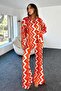 Women's Patterned Spanish Leg Shirt Pants Orange Satin Suit - 8