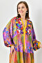 Magnifying Collar and Button Floral Print Midi Dress - Balloon Sleeve, Wide Flared 3412 - 5
