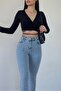 Women's Blue Snow Washed Trousers with Slits on the Legs and Front Stitching Detail - 2