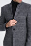 Abibo Men's Navy Blue Plaid Patterned Regular Fit Mock Neck Thick Melton Coat - 5