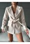 Women's Double-Breasted Collar Belted Melton Fabric Stone Coat Jacket - 5