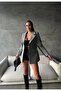 Women's Double Breasted Collar Belted Stitching Fabric Gray Coat Jacket - 3