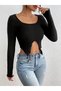Flexible and Lycra Round Neck Black Blouse - Crew Neck, Long Sleeve - 7