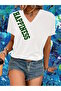 Women's Black V-Neck T-Shirt Happiness Printed Oversize Casual