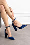 Navy Blue Satin Thick Heeled Shoes