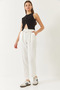 Women's Ecru Elastic Waist Tie-Up Double Pocket Carrot Cut Trousers 80178 60271079 - 3