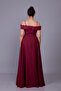 Burgundy Floral Tulle Detail Off-Shoulder Strap Boat Neck Maxi Length Flared Evening Dress - 6