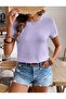 Women's Short Sleeve Waffle Fabric Crew Neck Lilac Tshirt - 2