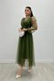 Tulle Fabric Wrap Neckline Dress with Stone Belt Detail - KHAKI GREEN - 2