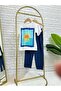Unisex Kids Sunset Printed Cream T-Shirt and Blue Striped Pants Set - 3