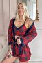 Red Plaid Patterned Bamboo Crop Women's Pajama Set with Dressing Gown and Shorts