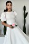White Atlas Fabric Round Neck Princess Sleeve Design Midi Length Flared Cut White Evening Dress 220 - 5