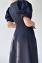 Black Atlas Fabric Round Neck Princess Sleeve Design Midi Length Flared Cut Black Evening Dress 220 - 3