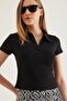 Polo Neck Women's Short Sleeve Blouse Black - 2