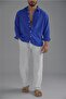 Men's Linen White Button Shirt Dark Blue - 8