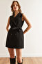 Women's Black Lined Belted Fleto Pocket Long Vest Ylk- 19000053 - 5