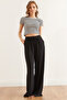 Women's Black Lace-Up Pocketed Thick Ribbed Loose Pajama Bottoms Pjma-0000003