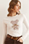 Women's Ecru Lame Stripe Teddy Bear Applique Stretchy Crop Blouse Blz- 19002840