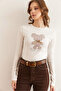 Women's Ecru Lame Stripe Teddy Bear Applique Stretchy Crop Blouse Blz- 19002840 - 2