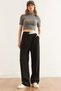 Women's Black Waist Detailed Pleated Polyviscon Wide Leg Pants with Pockets Pnt-19000303
