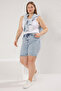 Light Blue High Waist Elastic Waist Denim Plus Size Shorts Tbbss25Ap00021 - 2