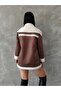 Leather Zippered Collared Fur Coat - Tan Cream | |   F1534 - 5