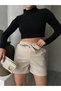 Girdle Detailed Elastic Waist Leather Woven Shorts Misssr24621 - 6