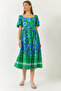 Women's Green Watermelon Sleeve Square Neck Patterned Terikoton Dress 60261412