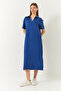 Women's Blue V-Neck Short Sleeve Slit Basic Dress 5621 60261424 - 2