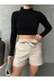 Girdle Detailed Elastic Waist Leather Woven Shorts Misssr24621 - 5