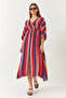 Women's Fuchsia Orange Double Breasted V-Neck Front Slit Detailed Patterned Dress 60261411 - 5
