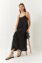 Women's Black Thin Strap Kiloş Long Linen Dress 355 60261439 - 3