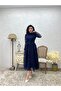 Navy Blue High Neck Lace Dress - 3