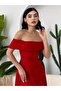 Madonna Collar Off-Shoulder Midi Length Red Dress - 2