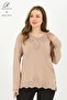 Women's Beige Stone Embroidered Slit Lycra Viscose Mother Combed Cotton Blouse