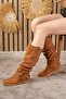 Daily Women's Below the Knee Tan Suede Boots with Bellows, Low Heel, Serrated Sole, Lined 1045 - 2