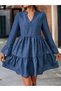 Women's Midi Length Ruched Dress – Sofia Linen Dress with V-Slit Stand Collar and Ruffled Sleeve Detail - 2