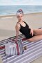 Striped Digital Printed 100X180 cm Beach Towel (Beach Bag + Gift Hat) Anthracite