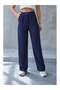 Women's Navy Blue Lycra Double Pleated Detailed Knitted Crepe Fabric High Waist Palazzo Trousers 3851