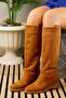 Daily Women's Below Knee Tan Suede Boots Low Heeled Serrated Sole Oval Toe Fur Lining 1050 - 6