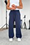 Navy Blue Textured Basic Baggy Pants