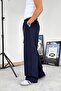 Navy Blue Baggy Fabric Trousers with Elastic Waist - 2
