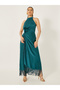 Halter Neck Wrap Style Maxi Dress with Fringe Hem