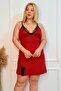 Women's Large Size V-Neck Lycra Viscose Fabric Lace Satin Look Model Strap Nightgown Black - 2